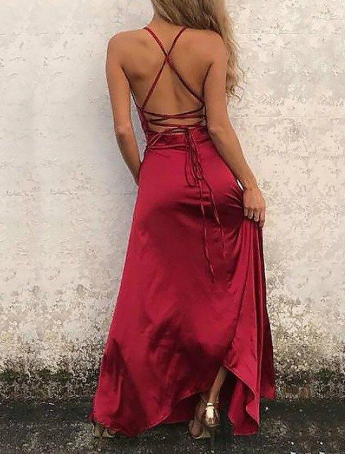 A-Line Beautiful Back Sexy High Split Engagement Prom Formal Evening Dress Spaghetti Strap Sleeveless Floor Length Satin with Ruffles