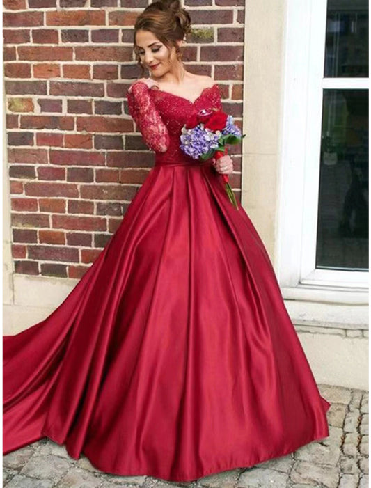 A-Line Evening Gown Floral Dress Sweet 16 Birthday Chapel Train Long Sleeve V Neck Satin with Appliques