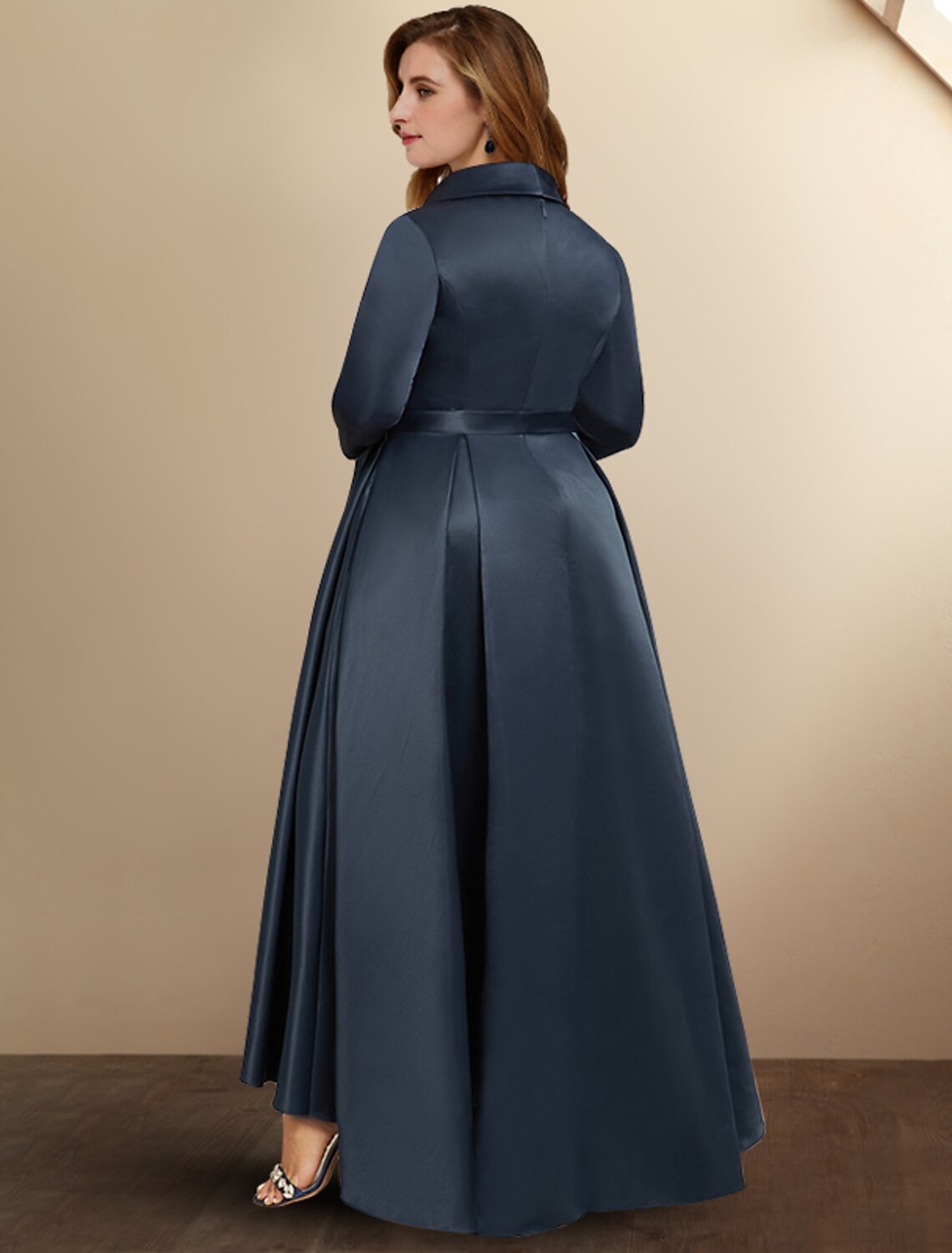 A-Line Mother of the Bride Dresses Plus Size Hide Belly Curve High Low Dress Formal Asymmetrical 3/4 Length Sleeve Shirt Collar Satin with Bow(s) Pleats