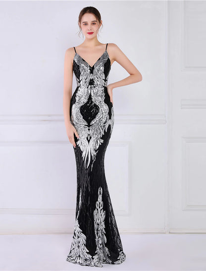 Mermaid / Trumpet Evening Gown Sparkle & Shine Dress Formal Wedding Guest Floor Length Sleeveless Spaghetti Strap Sequined with Sequin