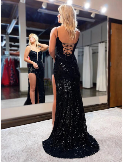 Mermaid / Trumpet Prom Dresses Sparkle & Shine Dress Formal Wedding Party Sweep / Brush Train Sleeveless Spaghetti Strap Sequined Backless with Beading Sequin Slit