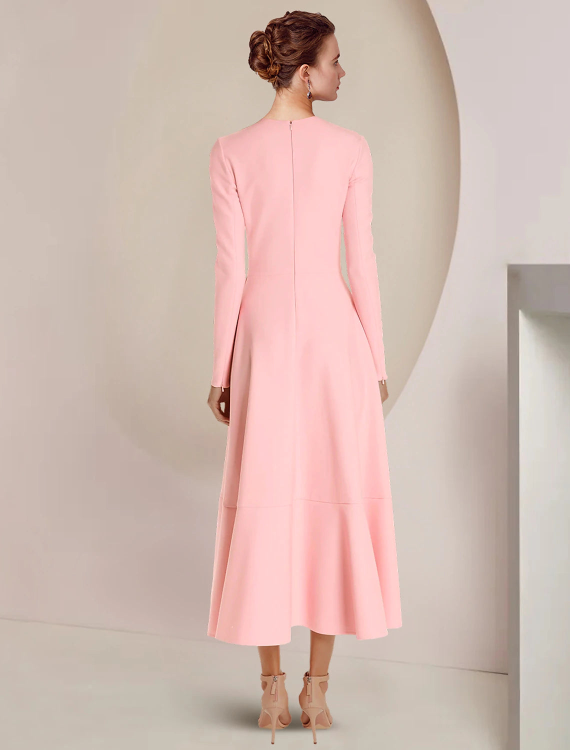 A-Line Mother of the Bride Dress Formal Wedding Guest Elegant High Low Scoop Neck Asymmetrical Ankle Length Stretch Fabric Long Sleeve with Ruffles