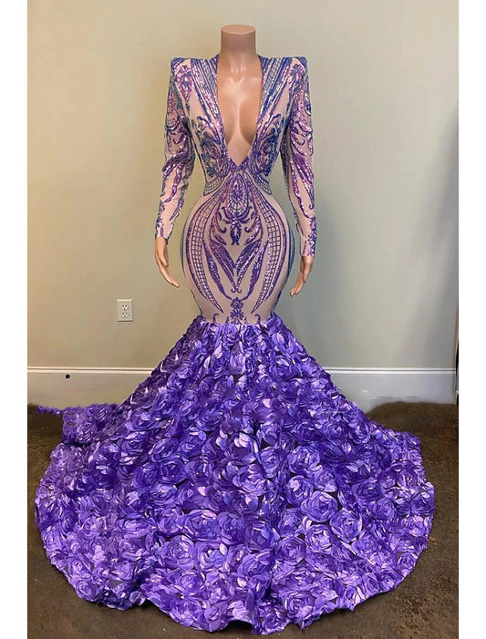 Mermaid / Trumpet Evening Gown Floral Dress Carnival Formal Court Train Long Sleeve V Neck African American Sequined with Sequin