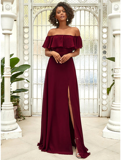 A-Line Bridesmaid Dress Off Shoulder Sleeveless Elegant Floor Length Chiffon with Ruffles / Draping