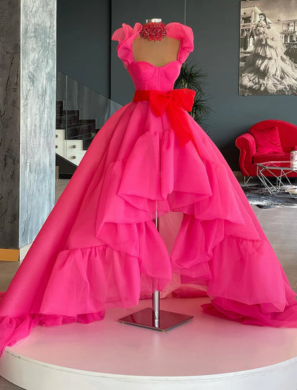 Ball Gown Evening Gown High Low Dress Quinceanera Asymmetrical Sleeveless Square Neck Organza with Bow(s) Ruffles