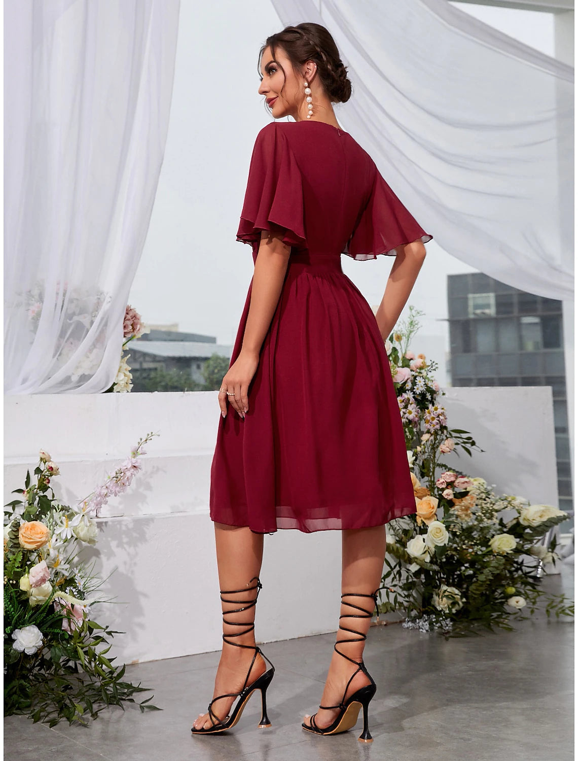 A-Line Wedding Guest Dresses Elegant Dress Holiday Graduation Knee Length Short Sleeve Jewel Neck Chiffon with Pleats Ruffles