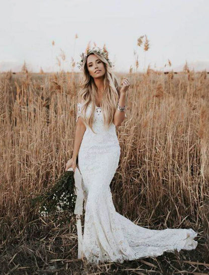 Beach Boho Wedding Dresses Mermaid / Trumpet Off Shoulder Cap Sleeve Chapel Train Lace Bridal Gowns With Appliques