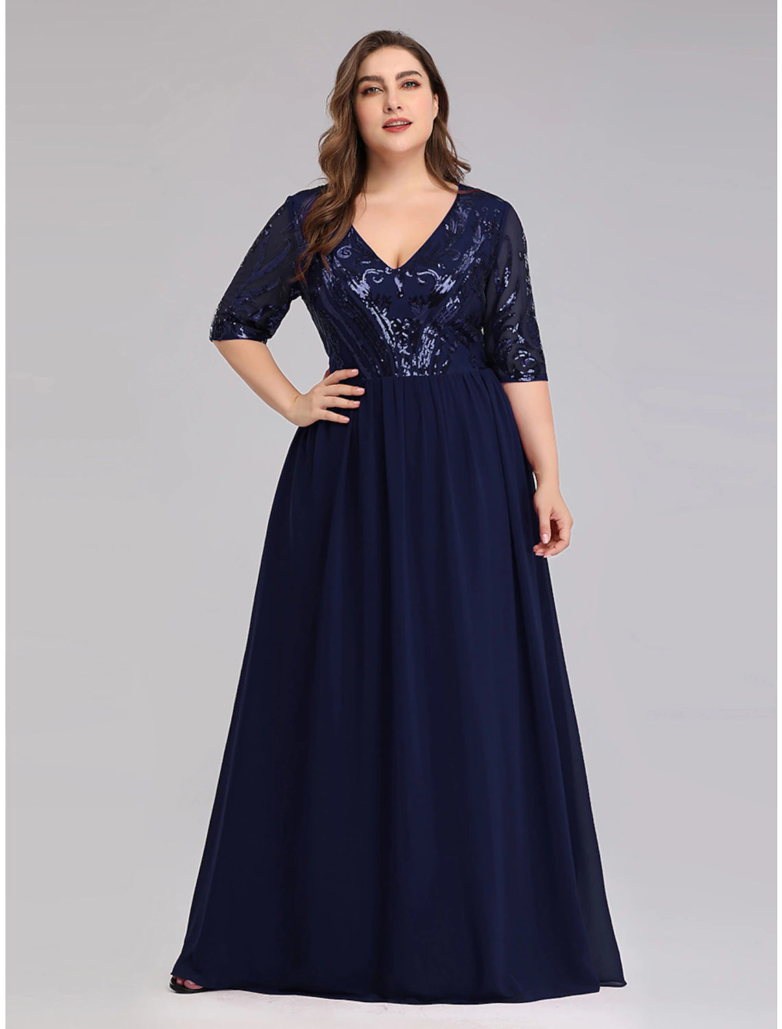 A-Line Prom Dresses Plus Size Dress Wedding Guest Prom Floor Length Half Sleeve Plunging Neck Chiffon