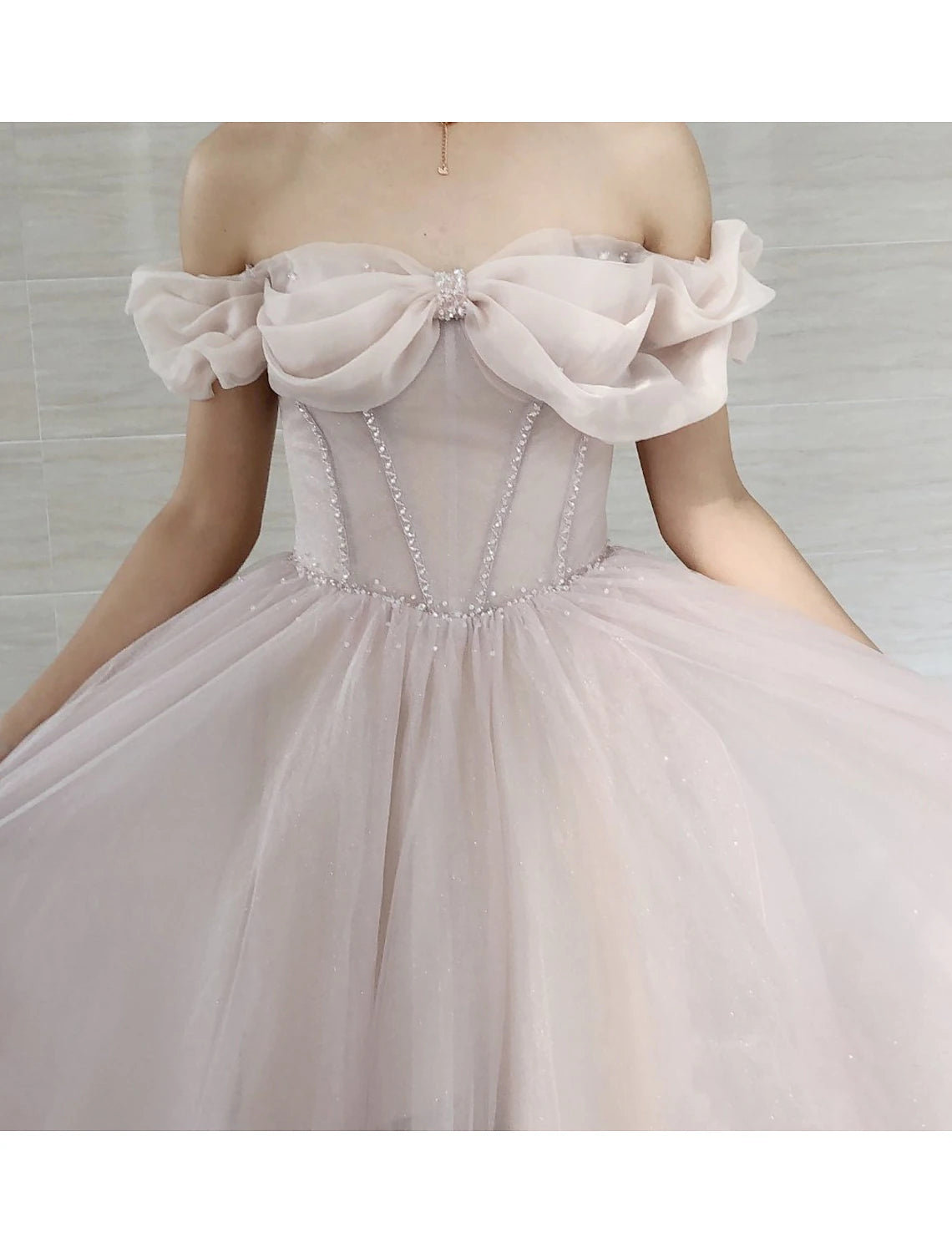 A-Line Prom Dresses Empire Dress Prom Formal Evening Sweep / Brush Train Short Sleeve Sweetheart Tulle with Pleats Beading