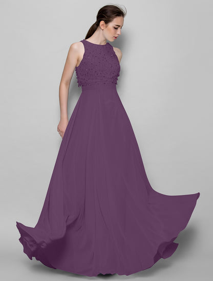 A-Line Bridesmaid Dress Jewel Neck Sleeveless Sparkle & Shine Floor Length Chiffon with Beading / Sequin