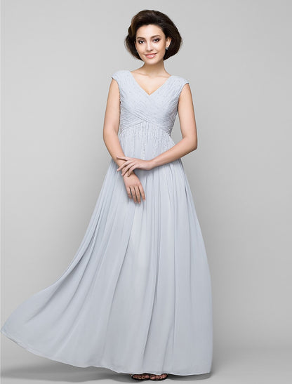 A-Line Mother of the Bride Dress Elegant V Neck Floor Length Chiffon Sleeveless with Criss Cross Beading