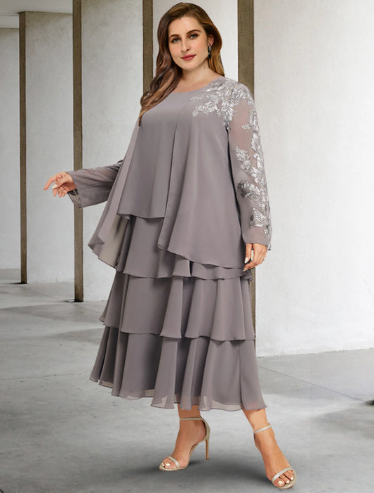 Two Piece A-Line Mother of the Bride Dresses Plus Size Hide Belly Curve Elegant Dress Formal Tea Length Sleeveless Jewel Neck Chiffon with Ruffles Appliques