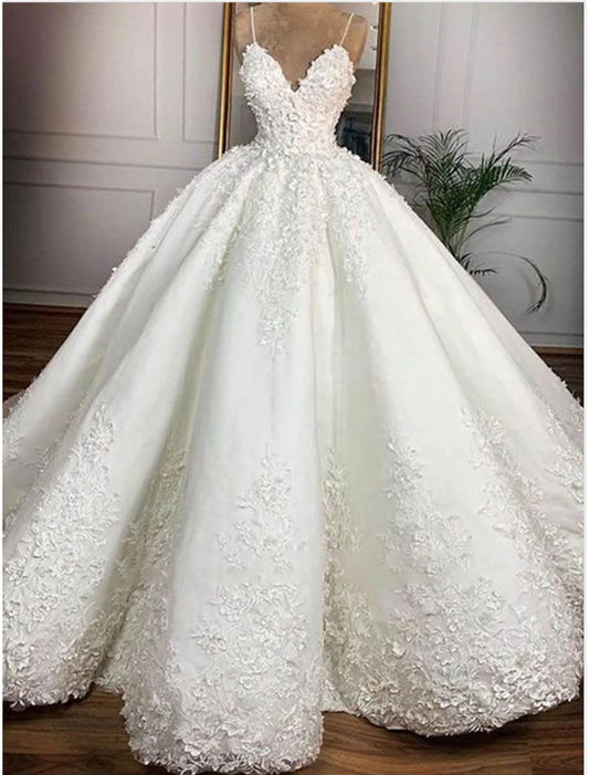 Engagement Formal Wedding Dresses Ball Gown Sweetheart Camisole Spaghetti Strap Floor Length Satin Bridal Gowns With Appliques