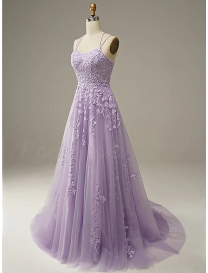 A-Line Prom Dresses Floral Dress Formal Wedding Guest Chapel Train Sleeveless Spaghetti Strap Tulle with Appliques