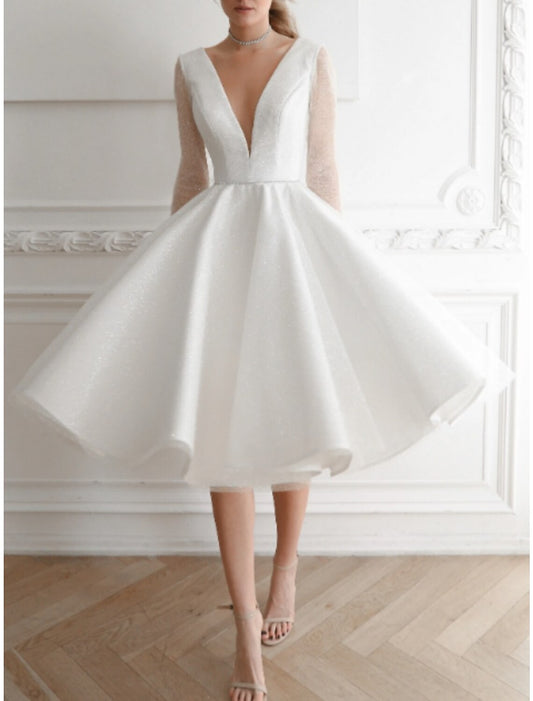 Little White Dresses Wedding Dresses A-Line V Neck Long Sleeve Knee Length Sequined Bridal Gowns With Pleats Solid Color