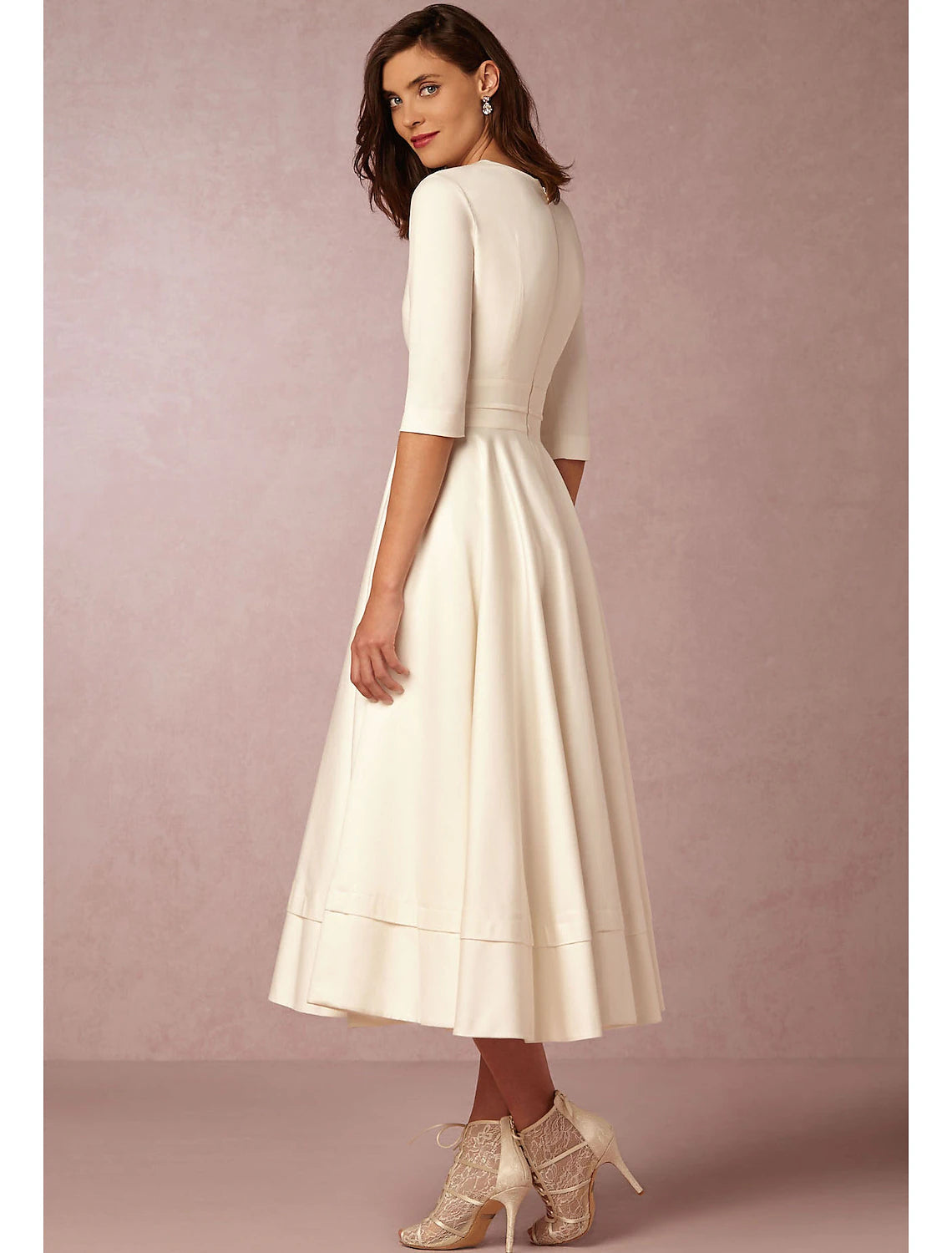 A-Line Special Occasion Dresses Party Dress Holiday Wedding Guest Tea Length Half Sleeve V Neck Pocket Jersey with Pleats