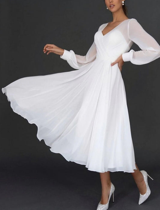 Reception Little White Dresses Wedding Dresses A-Line V Neck Long Sleeve Tea Length Chiffon Bridal Gowns With Pleats