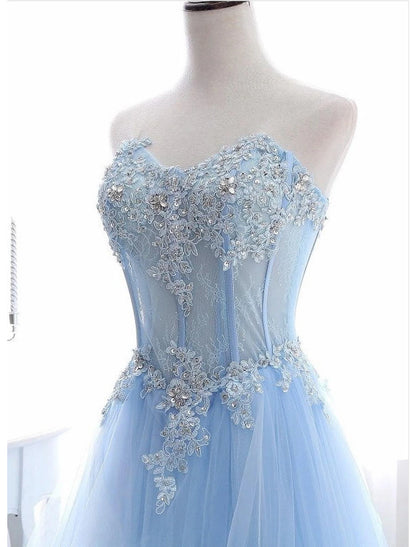 A-Line Sexy Floral Engagement Prom Birthday Dress Strapless Sleeveless Sweep / Brush Train Lace with Pleats Lace