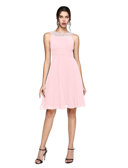 A-Line Cocktail Dresses Party Dress Wedding Guest Cocktail Party Knee Length Sleeveless Illusion Neck Chiffon with Ruched Sequin Lace Insert