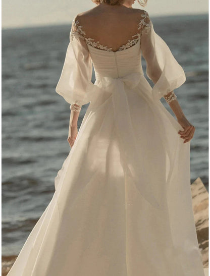 Beach Vintage Wedding Dresses A-Line Off Shoulder 3/4 Length Sleeve Court Train Chiffon Bridal Gowns With Bow(s) Ruched