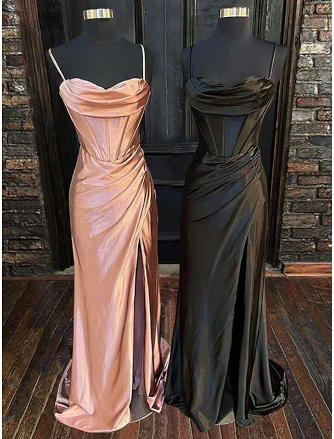 Sheath / Column Evening Gown Corsets Dress Black Tie Floor Length Sleeveless Cowl Neck Bridesmaid Dress Satin Backless with Criss Cross Ruched Slit