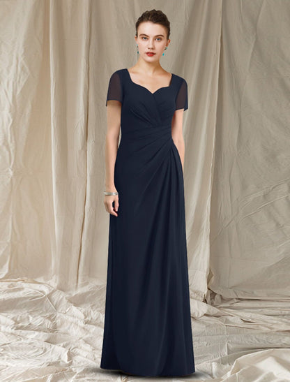 Sheath / Column Mother of the Bride Dress Simple Elegant V Neck Floor Length Chiffon Short Sleeve with Ruched