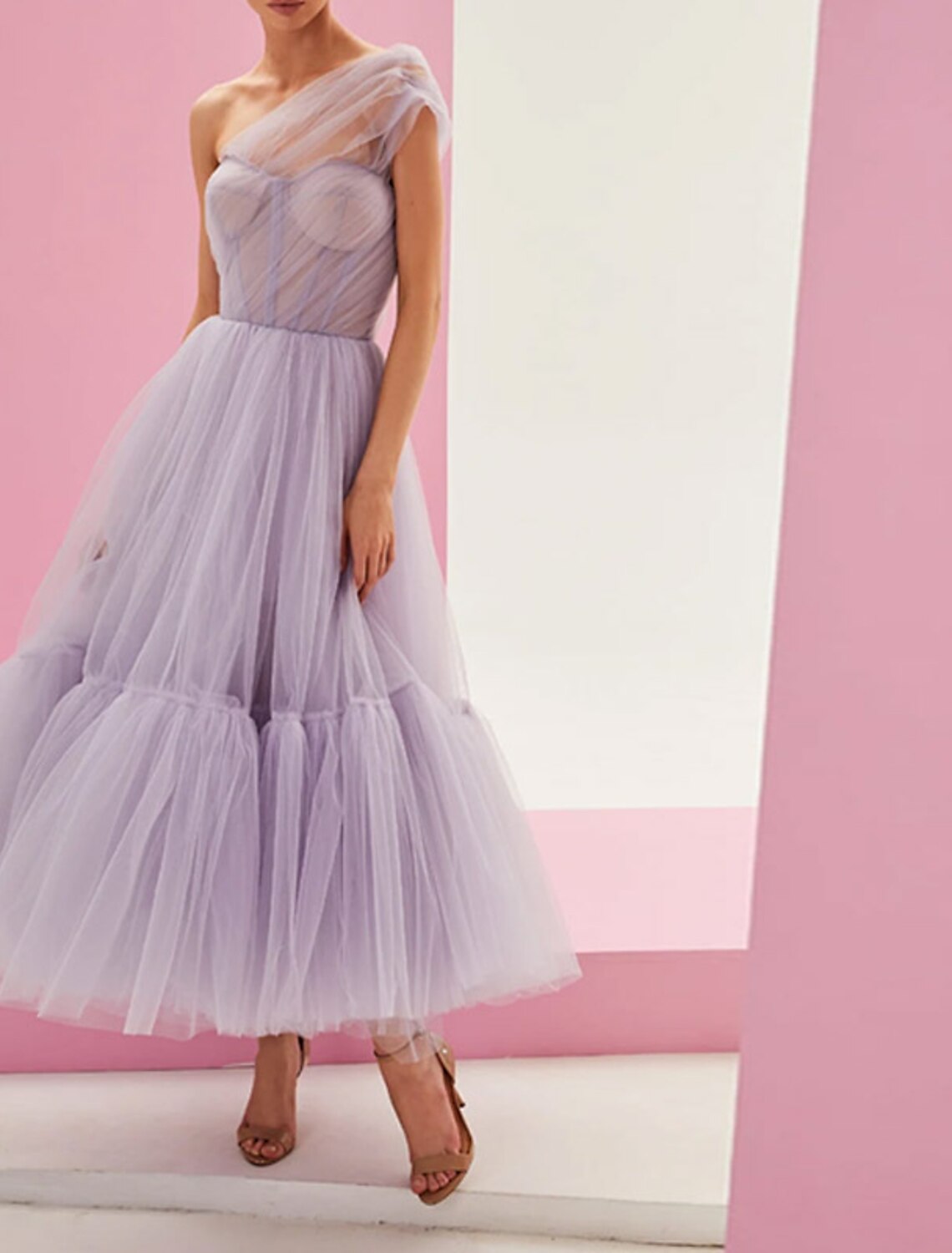 A-Line Puffy Fairy Homecoming Wedding Guest Dress One Shoulder Sleeveless Ankle Length Tulle with Pleats