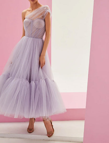 A-Line Puffy Fairy Homecoming Wedding Guest Dress One Shoulder Sleeveless Ankle Length Tulle with Pleats