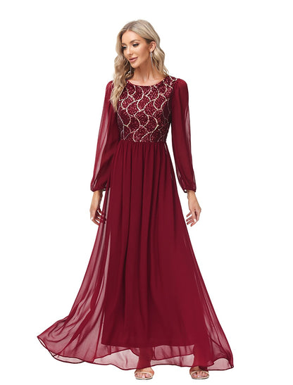 A-Line Evening Gown Empire Dress Party Wear Wedding Guest Floor Length Long Sleeve Jewel Neck Chiffon V Back with Sequin Splicing