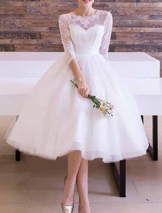 Reception Vintage 1940s / 1950s Little White Dresses Wedding Dresses A-Line Illusion Neck 3/4 Length Sleeve Tea Length Lace Bridal Gowns With Sashes / Ribbons Appliques