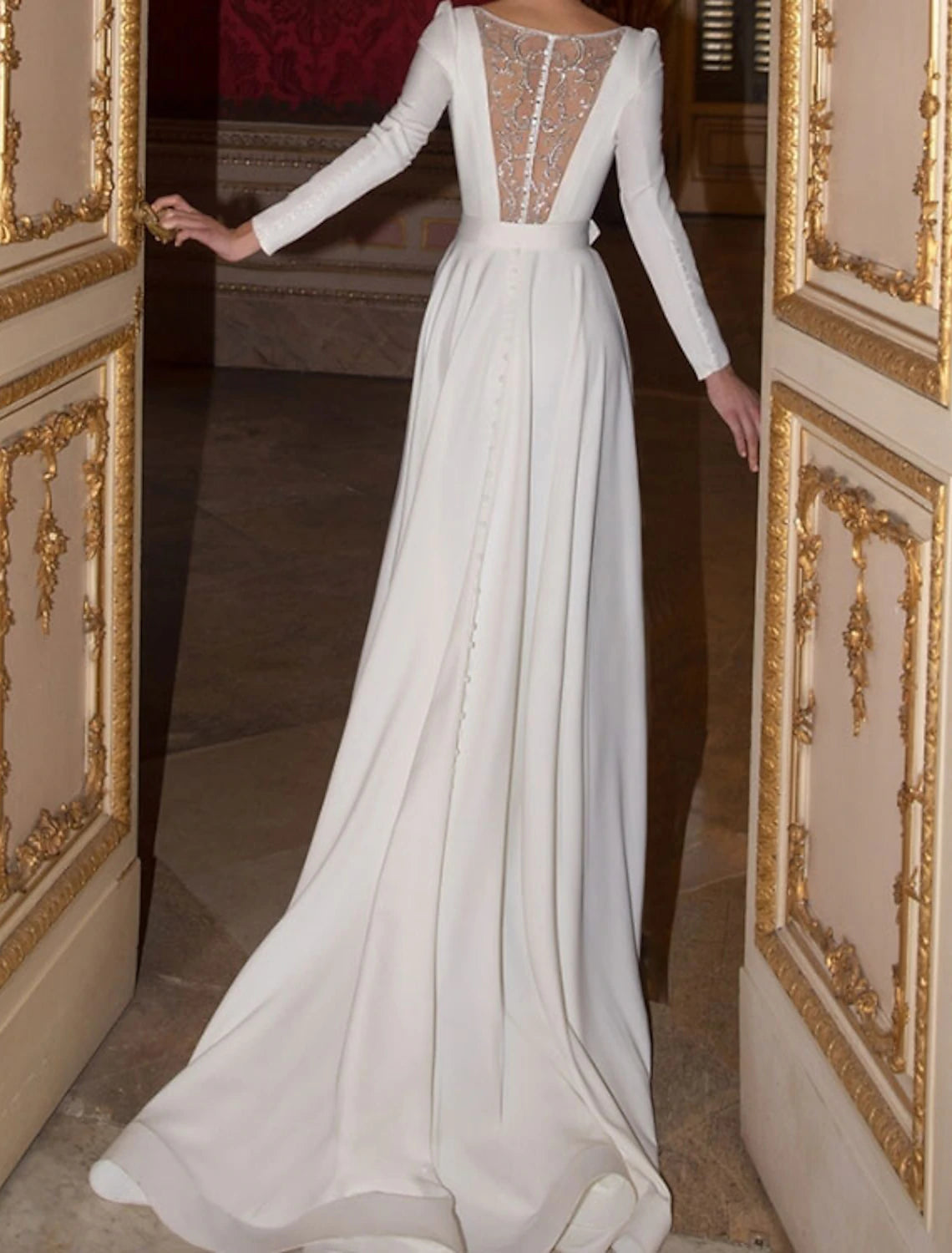 Hall Casual Wedding Dresses A-Line Jewel Neck Long Sleeve Floor Length Stretch Satin Bridal Gowns With