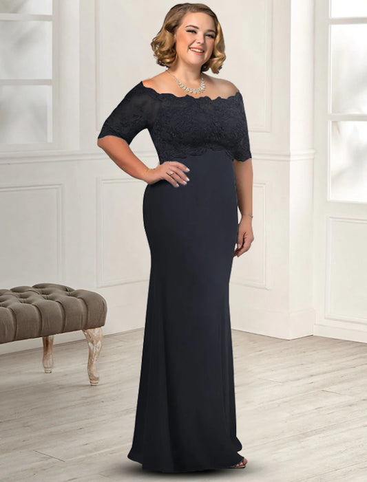 Sheath / Column Mother of the Bride Dress Plus Size Elegant Off Shoulder Floor Length Chiffon Lace Half Sleeve with Appliques