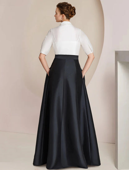 A-Line Mother of the Bride Dress Formal Wedding Guest Elegant Party Shirt Collar Floor Length Taffeta Short Sleeve with Bow(s) Color Block