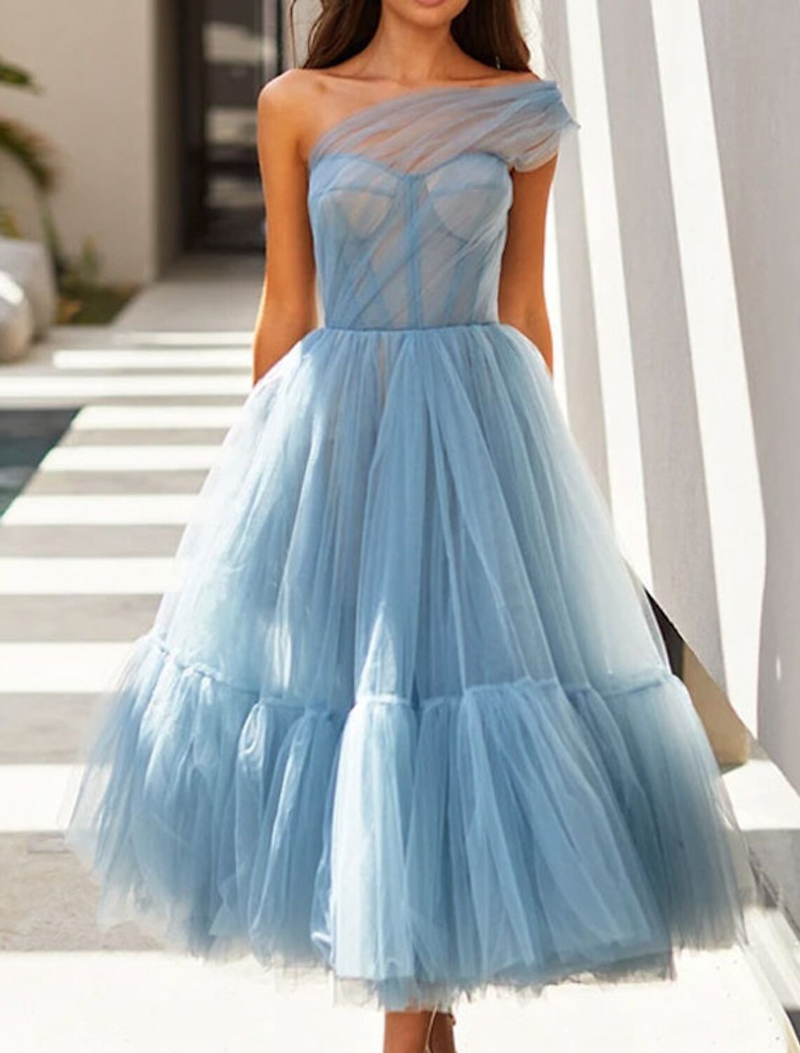 A-Line Puffy Fairy Homecoming Wedding Guest Dress One Shoulder Sleeveless Ankle Length Tulle with Pleats