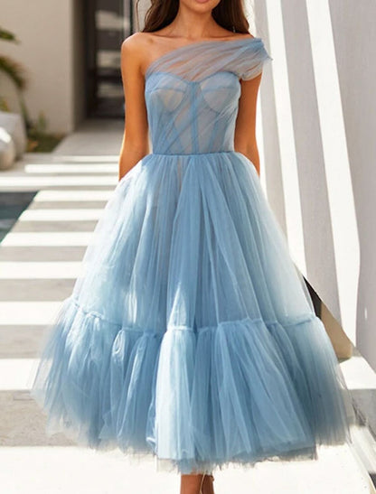 A-Line Puffy Fairy Homecoming Wedding Guest Dress One Shoulder Sleeveless Ankle Length Tulle with Pleats