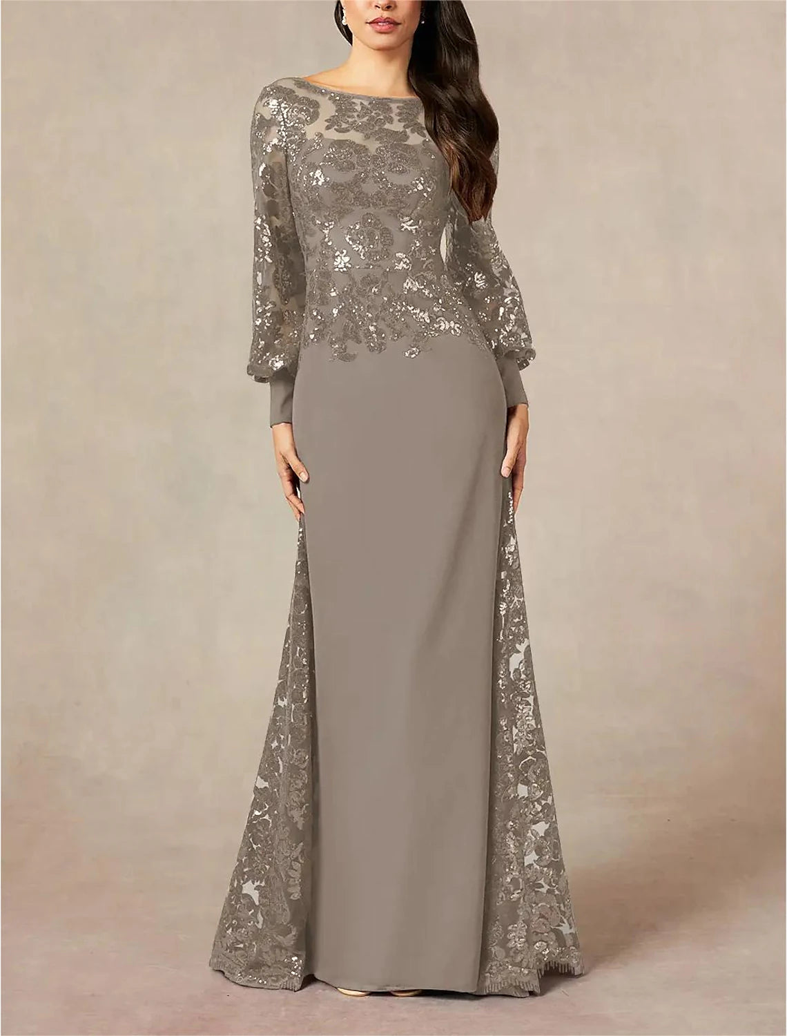 A-Line Mother of the Bride Dress Formal Wedding Guest Elegant Jewel Neck Floor Length Chiffon Sequined Long Sleeve with Sequin