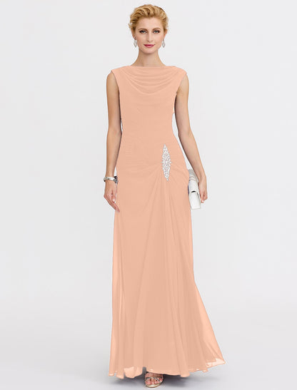 Sheath / Column Mother of the Bride Dress Color Block Lace Up Cowl Neck Ankle Length Chiffon Charmeuse Sleeveless with Criss Cross Beading