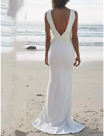 Beach Open Back Casual Wedding Dresses Sheath / Column Scoop Neck Sleeveless Sweep / Brush Train Stretch Fabric Bridal Gowns With Solid Color Summer Fall Wedding Party