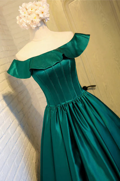 Green Satin Short Homecoming Dress Cute Off the Shoulder Knee Length Prom Dress