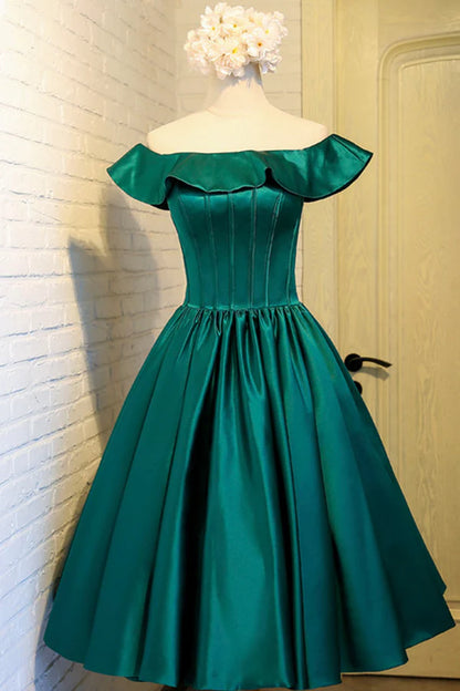 Green Satin Short Homecoming Dress Cute Off the Shoulder Knee Length Prom Dress