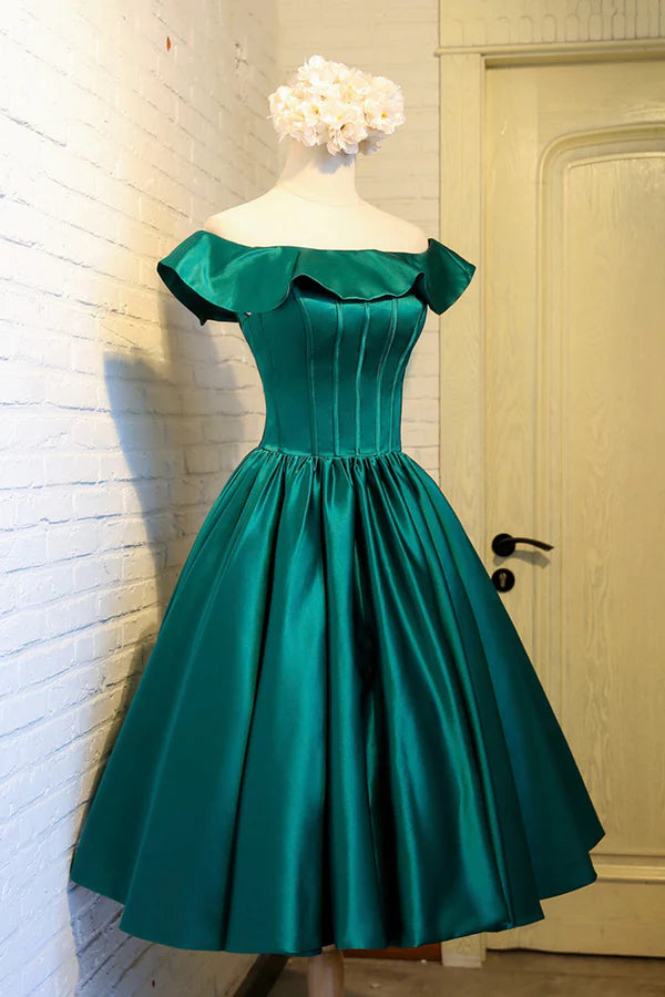 Green Satin Short Homecoming Dress Cute Off the Shoulder Knee Length Prom Dress