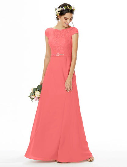 Sheath / Column Bridesmaid Dress Bateau Neck Short Sleeve Elegant Floor Length Chiffon / Lace with Lace / Sash / Ribbon / Bow(s)