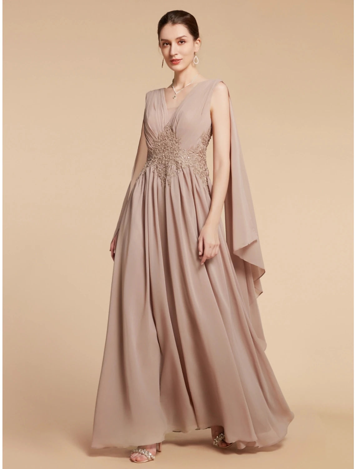 A-Line Mother of the Bride Dress Wedding Guest Elegant V Neck Ankle Length Chiffon Lace Sleeveless with Ruching Solid Color