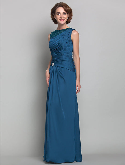 Sheath / Column Mother of the Bride Dress Vintage Inspired Jewel Neck Floor Length Satin Chiffon Sleeveless with Beading