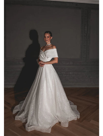 Hall Sparkle & Shine Casual Wedding Dresses A-Line Off Shoulder Cap Sleeve Sweep / Brush Train Sequined Bridal Gowns