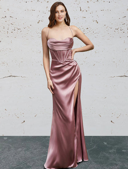 Mermaid / Trumpet Prom Dresses Vintage Dress Prom Floor Length Sleeveless Sweetheart Bridesmaid Dress Charmeuse Backless with Slit