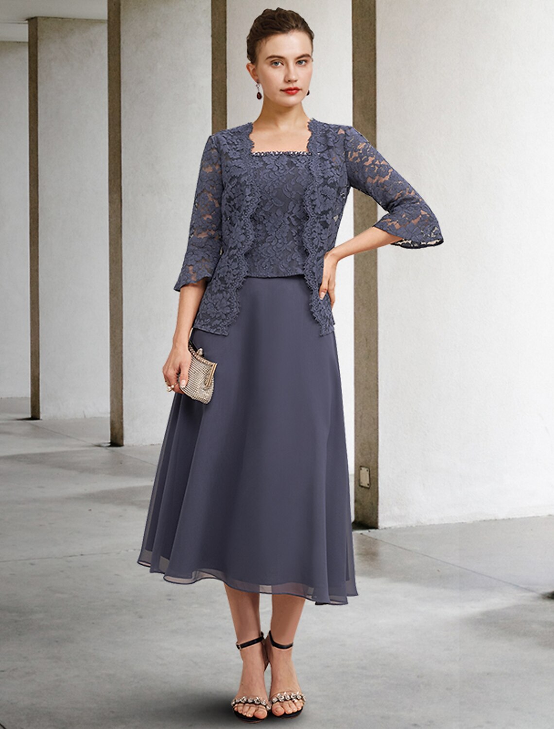 A-Line 3 Piece Mother of the Bride Dress Plus Size Elegant Square Neck Tea Length Chiffon Lace Sleeveless Wrap Included Jacket Dresses with Crystals Ruffles