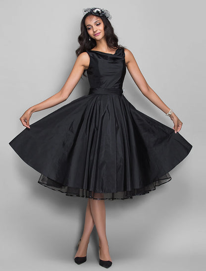 A-Line Cocktail Black Dress Vintage Dress Halloween Wedding Guest Knee Length Sleeveless V Neck Taffeta with Pleats Crystals