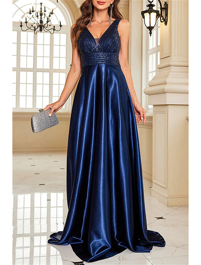 A-Line Mother of the Bride Dress Wedding Guest Elegant Party Sparkle & Shine V Neck Floor Length Satin Sequined Sleeveless with Sequin Color Block