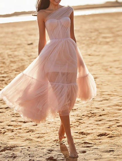 A-Line Puffy Fairy Homecoming Wedding Guest Dress One Shoulder Sleeveless Ankle Length Tulle with Pleats